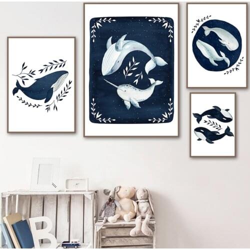 Sea Animal Blue Whale Shark Dolphin Mermaid Wall Art Canvas Painting Nordic Posters And Prints Wall Pictures For Kids Room Decor