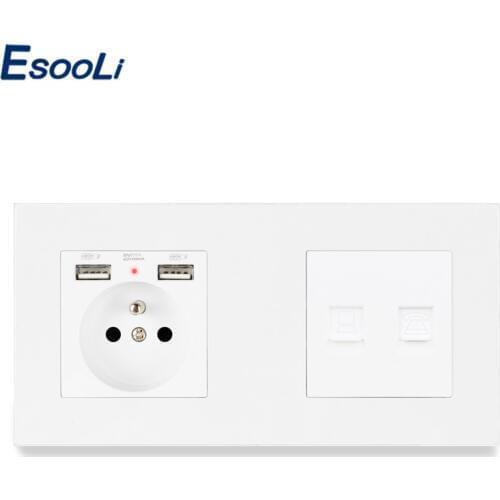 Esooli Plastic Panel French Standard Wall Socket with 2 USB + RJ45 Internet Computer Connector and RJ11 Telephone Outlet