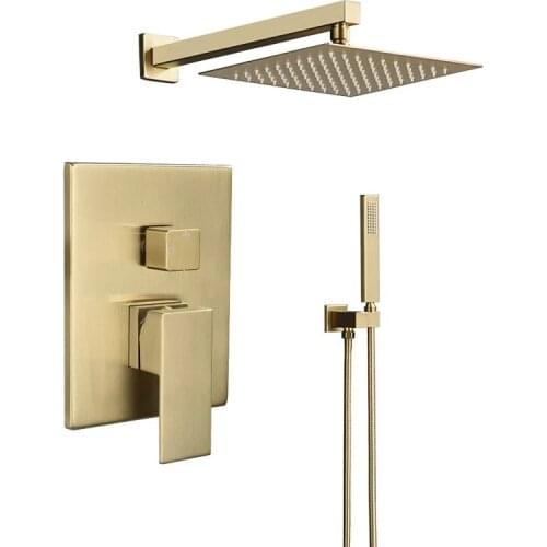 Wall Mounted Bath Shower Faucet Brushed Gold Bathroom Shower Set Square Style With Rain Shower Head 8,10,12 inch