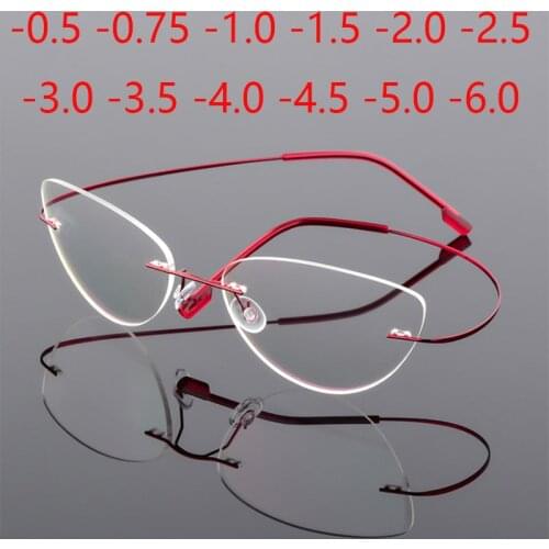Rimless Cat Eye Titanium Alloy Glasses Men Ultralight Eyeglasses Women Frameless Eyewear Optical Myopia -0.5 -1.0 -1.5 to -6.0