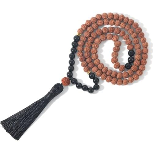 108 Mala Beads Necklace 8MM Black Onyx & Natural Rudraksha Black Tassel Meditation Yoga Blessing Japamala Jewelry
