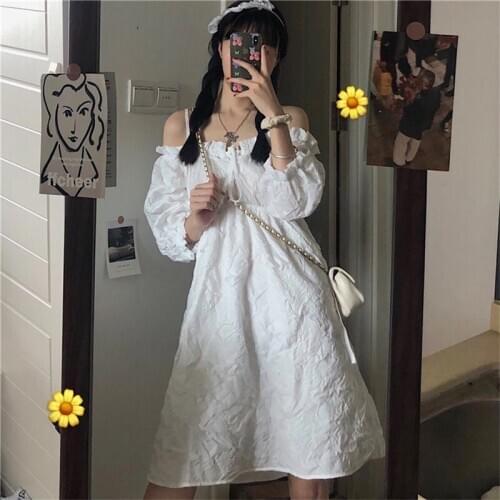Off The Shoulder Elegant White Sweet Lace Kawaii Women Dress 2020 Summer Soft Girly Lace Up Bow Puff Sleeve Party Dress Vestidos