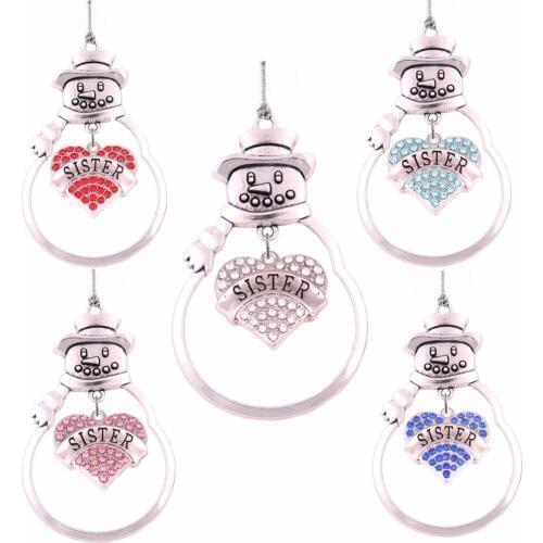 Christmas Gift Jewelry Center of Metal SnowMan Crystal Heart SISTER christmas ornament pendant Family Member Jewelry