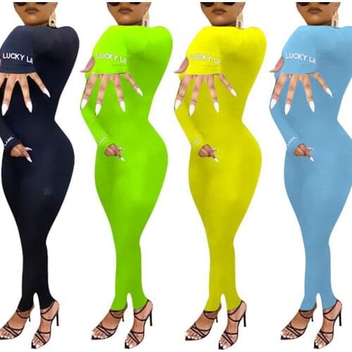 Casual Turtlenck Knitted Ribbed Jumpsuit Long Sleeve Embroidery Lucky Label Letter Printed Zipper Women Romper Playsuit Outfits