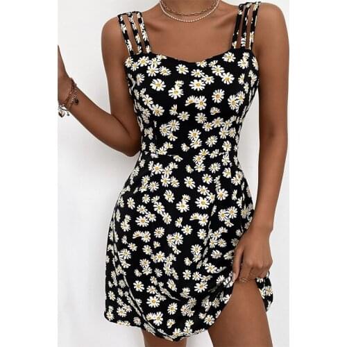 Puloru New Women Daisy Printed Suspender Short Dress Fashion Elegant Sling High Waist Mini A-line Dress Summer Party Clothes