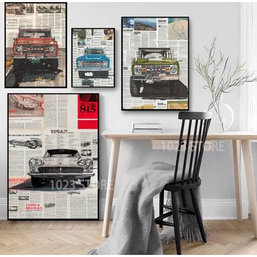 Old Vintage Car Retro Newspaper Modern Fashion Graffiti Poster Picture Canvas Painting Printing Wall Art Mural Home Room Decor