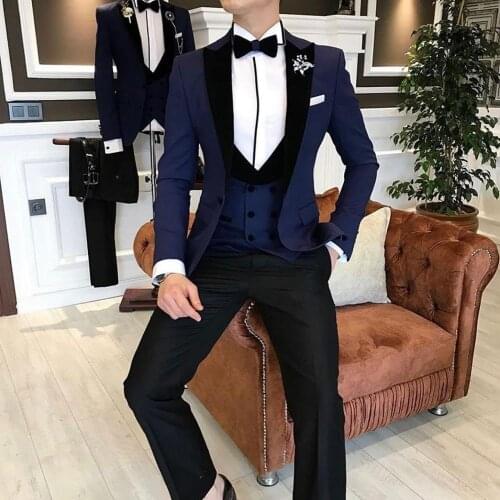 Navy Three Pieces Men Suits Peaked Lapel Formal Tuxedos For Wedding Custom Made Prom Blazers (Jacket+Pants+Vest)