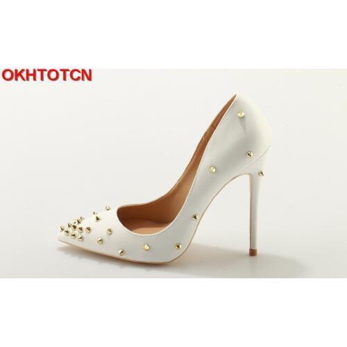 OKHOTCN Sexy Shoes Woman High Heels White Wedding Shoes Pumps Rivets Pointed Toe Women Shoes Thin Heels Woman Pumps Ladies Shoes