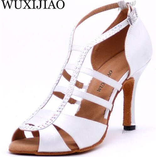 WUXIJIAO New white Satin Latin Dance Shoes Women Salsa Rhinestone Shoes Dance For Woman Ballroom Dancing Shoes heel 5cm-10cm