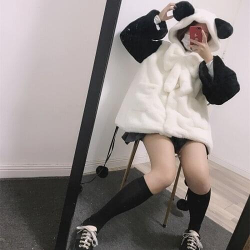 Jk Girls Large Lolita Hooded Cute Coat Panda Rabbit Ear Lovely Plush Japanese Winter Warm Thickened Loli Woman Faux Fur Overcoat