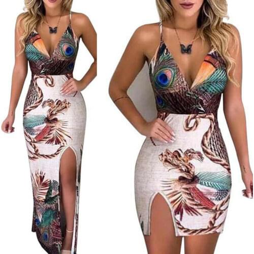 2021 Womens New Style Peacock Feather Printed Bohemian Flower Dress Sleeveless Sling Sexy Dress
