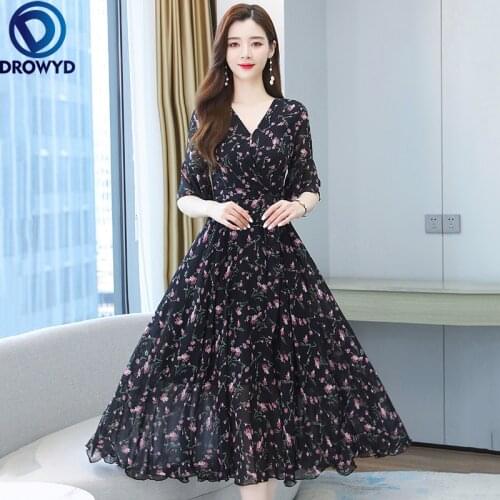 2021 Korean Women Bodycon Party Maxi Vestidos Summer Vintage Plus Size Boho Long Sundress Floral Chiffon Casual Beach Midi Dress