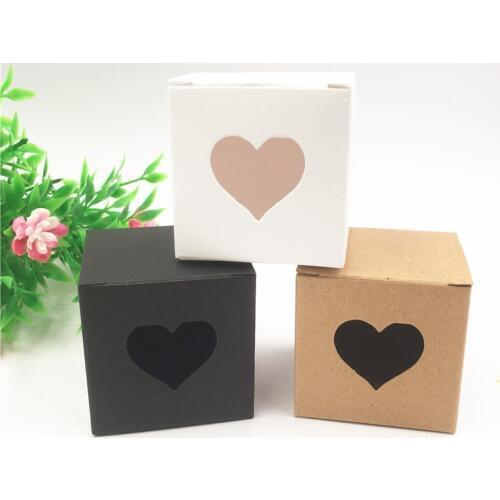 50Pcs Mini Cubic Black Brown White Kraft Paper Box + Heart Window For The Jewelry/Candy/Gift Products Packing Boxes 5x5x5cm