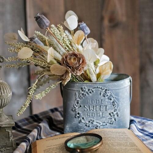 Rustic vintage retro flower metal bucket with handle