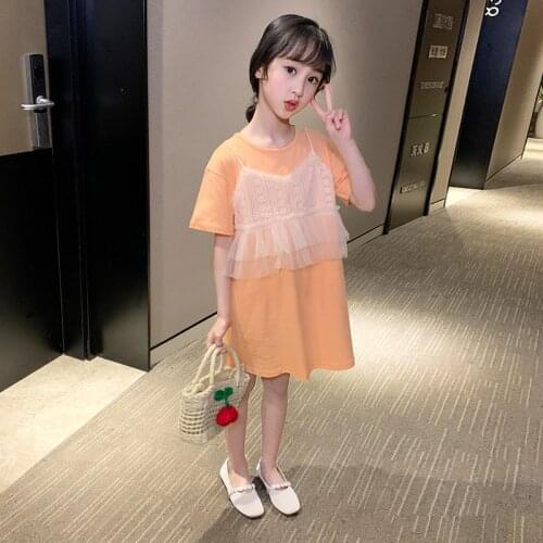 Childrens Summer Clothes T-Shirt Girls Short Sleeves Girls Lace Casual T Shirt Tops Apricot Color Shirt Dress High Quality