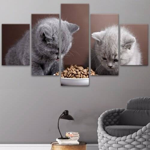 Home Decoration Wall Art Canvas Painting Modern 5 Panel Animal Cute Cat Modular Pictures Wall For Living Room Decor