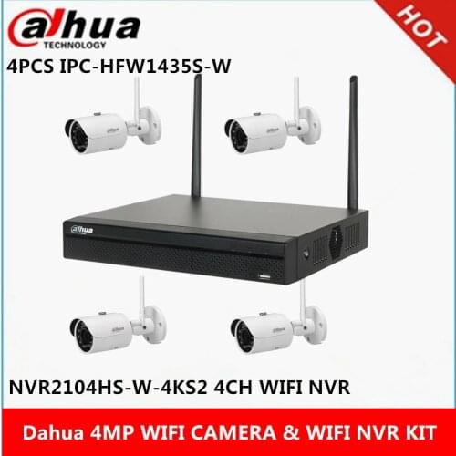 Dahua 4MP gun camera Wi-Fi Kit: 4channel Wifi NVR2104HS-W-4KS2 & 4 pcs 4MP WIFI outdoor IP camera IPC-HFW1435S-W