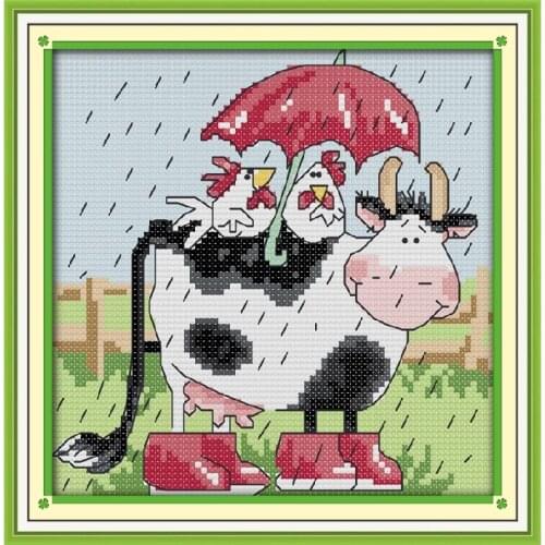 Cows And Chicken Gift For Kids Needlework Patterns Cartoon Cross Stitch Canvas Cross Stitch Fabric Needlework Set Home Decor