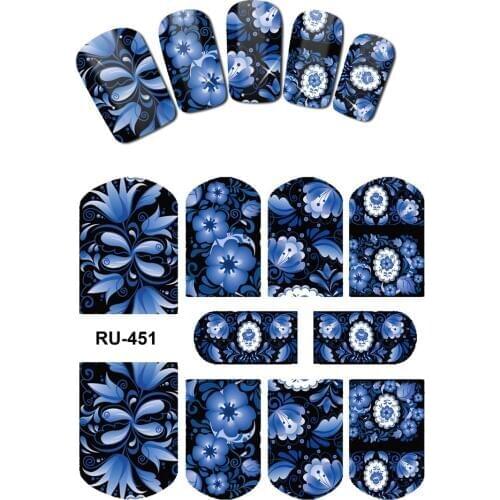 UPRETTEGO NAIL ART BEAUTY WATER DECAL SLIDER NAIL STICKER DARK CHINA BLUE FLOWER LEAF VINE RATTAN LEAF RU451-456