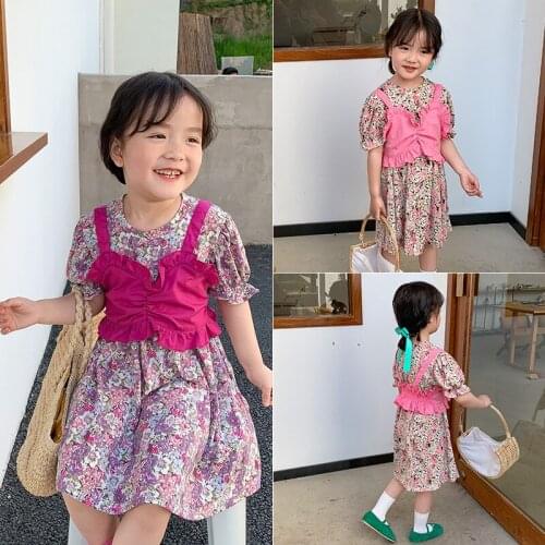 Summer Baby Girls Pink Sling Vest and Floral Dress Two-piece Suit