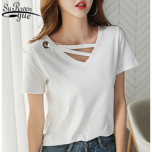 Fashion Women T Shirt 2021 Summer V Collar Cotton Female Shirt Short Sleeve Women Shirts White T-shirt Womens Clothing 2573 50