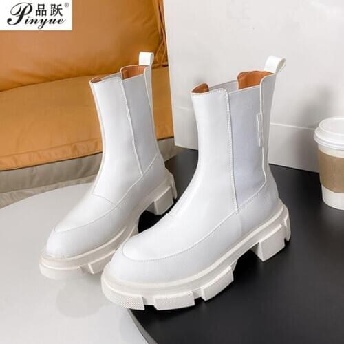 Fashion White Women Chelsea Boots Thick Bottom Short Booties Platform Autumn Shoes Woman Slip-on Motorcycle Boots Botas Mujer