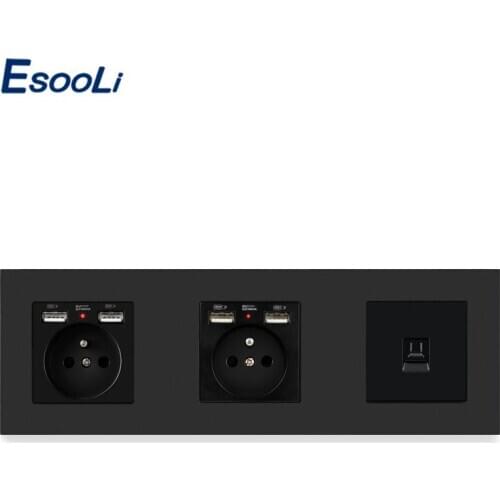 ESOOLI PC Plastic Panel Double French Standard Socket with 4 USB Charge Port + RJ45 Internet Computer Electric Socket