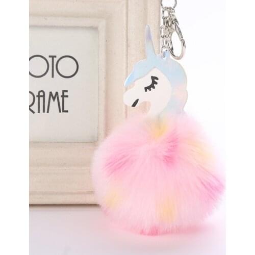 Pompom Unicorn Keychain Colorful Poms Fake Rabbit fur ball Fluffy Key Chain Horse porte clef Wome Bag Car Keyring llavero mujer
