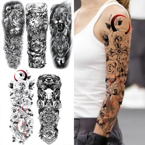 Rose Flower Moon Fox Temporary Tattoos Sleeve For Women Adult Lion Tiger Fake Tattoo Sticker Full Arm Skull Tatoos Deer Elk
