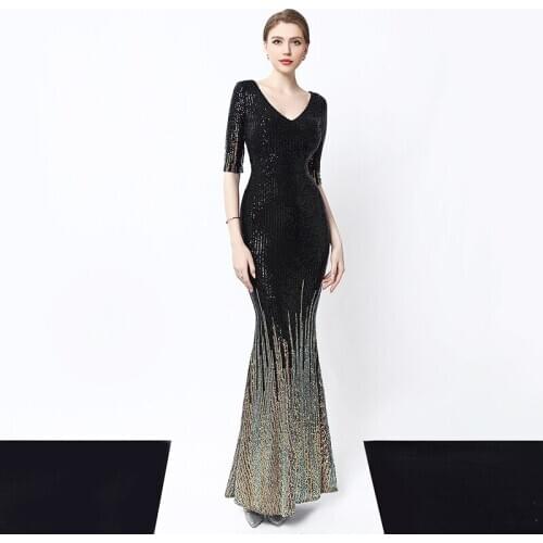 Sexy Deep V Neck Sequins Dress Women Long Party Dresses Built In Bra Dress Mermaid Dress Women Fashion Formal Party Gowns