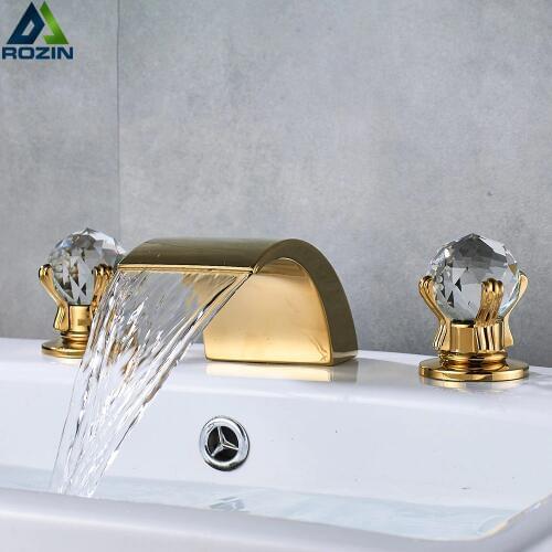 Crystal Handle Golden Waterfall Bathroom Faucet Deck Mount Widespread Bathroom Tub Sink Faucet Chrome Basin Mixer Tap