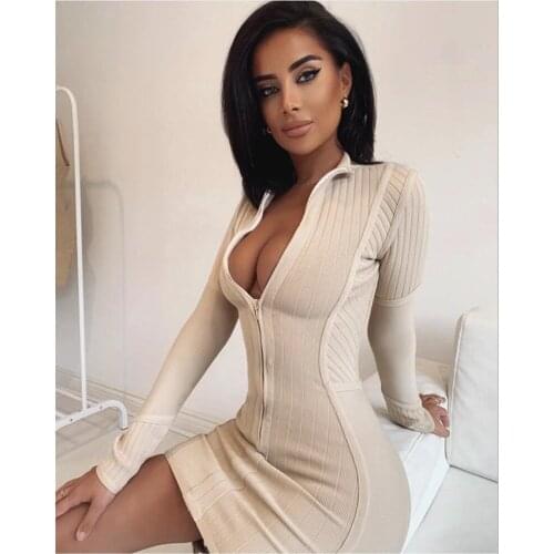 Women Winter 2021 Sexy Long Sleeve V Neck Zipper Beige Bodycon Bandage Dress Designer Fashion Evening Party Dress Vestido