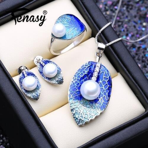 FENASY Bridal Jewelry Sets 925 Sterling Silver Stud Earrings Natural Pearl Leaf Necklace For Women Earrings Ring