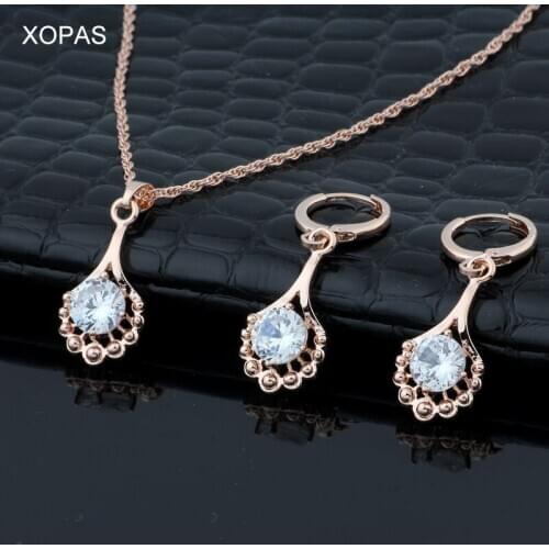 New Top Fashion 585 Rose Gold Color Jewelry Trendy Round White Cubic Zircon Women Necklace Earrings Wedding Jewelry Sets