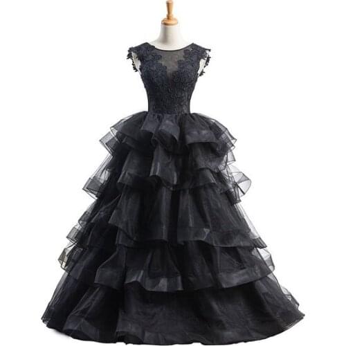 Gothic Wedding Dresses Organza Ball Gown Sleeveless Natural Waist Lace Floor Length Bridal Dress Black Wedding Dress Ruffled Per