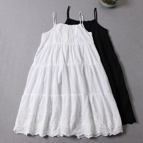 Japan Style Mori Girl Women Cotton Embroidery Hollow Out Sling Dress Loose Solid Color Dress