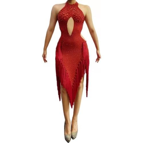 Crystals Latin Dresses For Women Latin Dance Skirt Tango Salsa Gogo Dance Costume Party Dancer Singer Fringe Tassel Red Dress