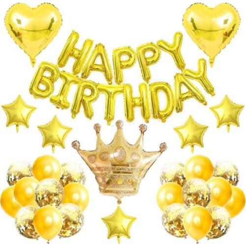 Gold Birthday Party Decoration,Gold Happy Birthday Banner,Gold Crown Balloon, Heart Star Foil Confetti Balloons for Birthday