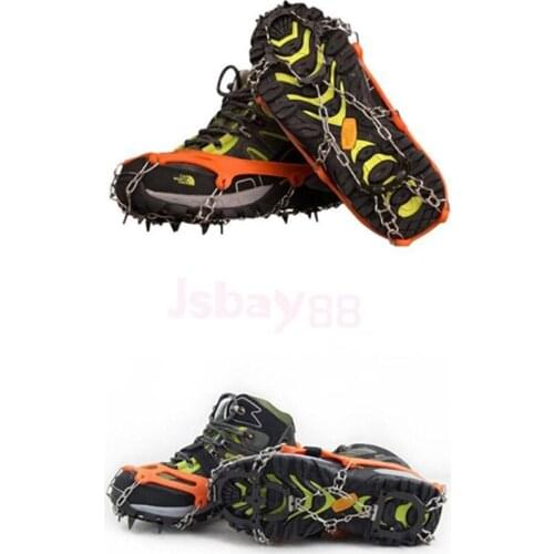 1 Pair Portable Ice Walking Cleat Boot Grippers Snow Shoe Spike Grip Chain Outdoor Climbing Crampons 11/12-Teeth w/ Storage Bag