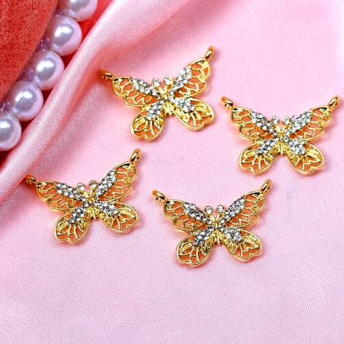 10Pcs Shiniy Rhinestone Multilayer Hollow Butterfly Charms 30*21mm Gold Color Alloy Insect Necklace Pendant DIY Jewelry Supplies