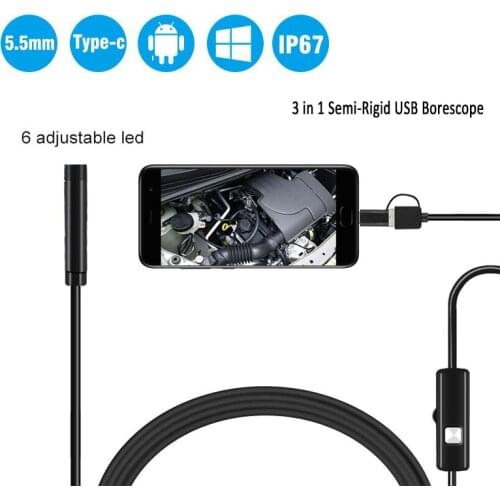 3 in 1 Semi-Rigid Android Endoscope Camera 5.5mm Inspection Camera IP67 Waterproof Snake Camera With 6 LEDs For Type C, USB PC