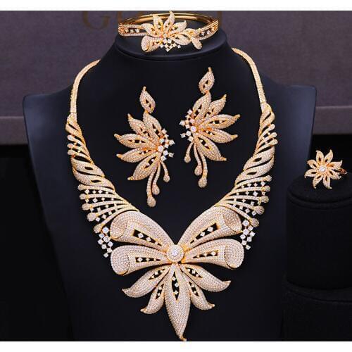 GODKI 4PCS Shiny Charm Women Nigerian Dubai Bridal Wedding 4 PCS Necklace Bangle Dangle Earrings Resizable Ring Jewelry Sets Hot