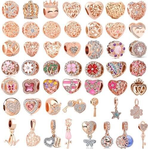Free shipping 50pcs/lot( each design for one) pink rose gold european mixed diy bead fit women pandora charms bracelet M004