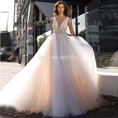 A Line Tulle Wedding Dresses V Neck Sleeveless Sweep Train Open Back Bridal Gowns Beading Vestido De Noiva Custom Made