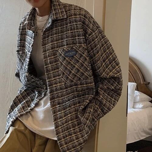 Spring Autumn Plaid Men Shirts Korean Casual Jacket Mens Fashion Loose Jacket Mens Streetwear Retro Long-sleeved Shirt Jacket