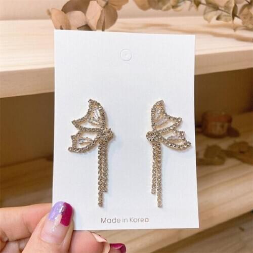 Exknl 2020 fashion Crystal Trendy Women Dangle Earrings Butterfly Tassel Earrings Korean Trend drop Earrings Female Jewelry