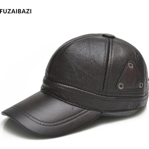 FUZAIBAZI Fashion New Cowhide Genuine Leather Hat For Mens Thermal Baseball Cap Adjustable Size Ear Protection Winter Hats