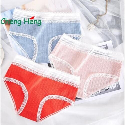 CHENG HENG Cotton Mixed Yarn Womens Underwear Sexy Lace Side Low Waist Comfortable Cute Student Seamless Triangle Briefs