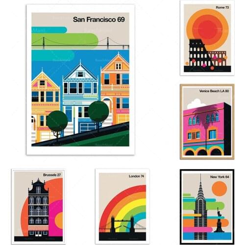 Lundberg Art Poster-London-San Francisco-Los Angeles-New York-Venice Beach Cartoon Travel Canvas Painting Poster Wall Decoration