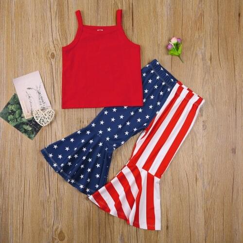 Baby Girl Independence Day Outfits Solid Color Boat Neck Spaghetti Strap Tank Top + Star & Stripe Print Flared Pants 2 Pcs Set
